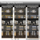 Mekminop Wood and Glass Display Cabinet, Modern Bookcase with Glass Doors, Led Light & Shelves, 78.7” W Large Combination Storage Cabinet with Handle for Home Office, Living Room, Black Mekminop