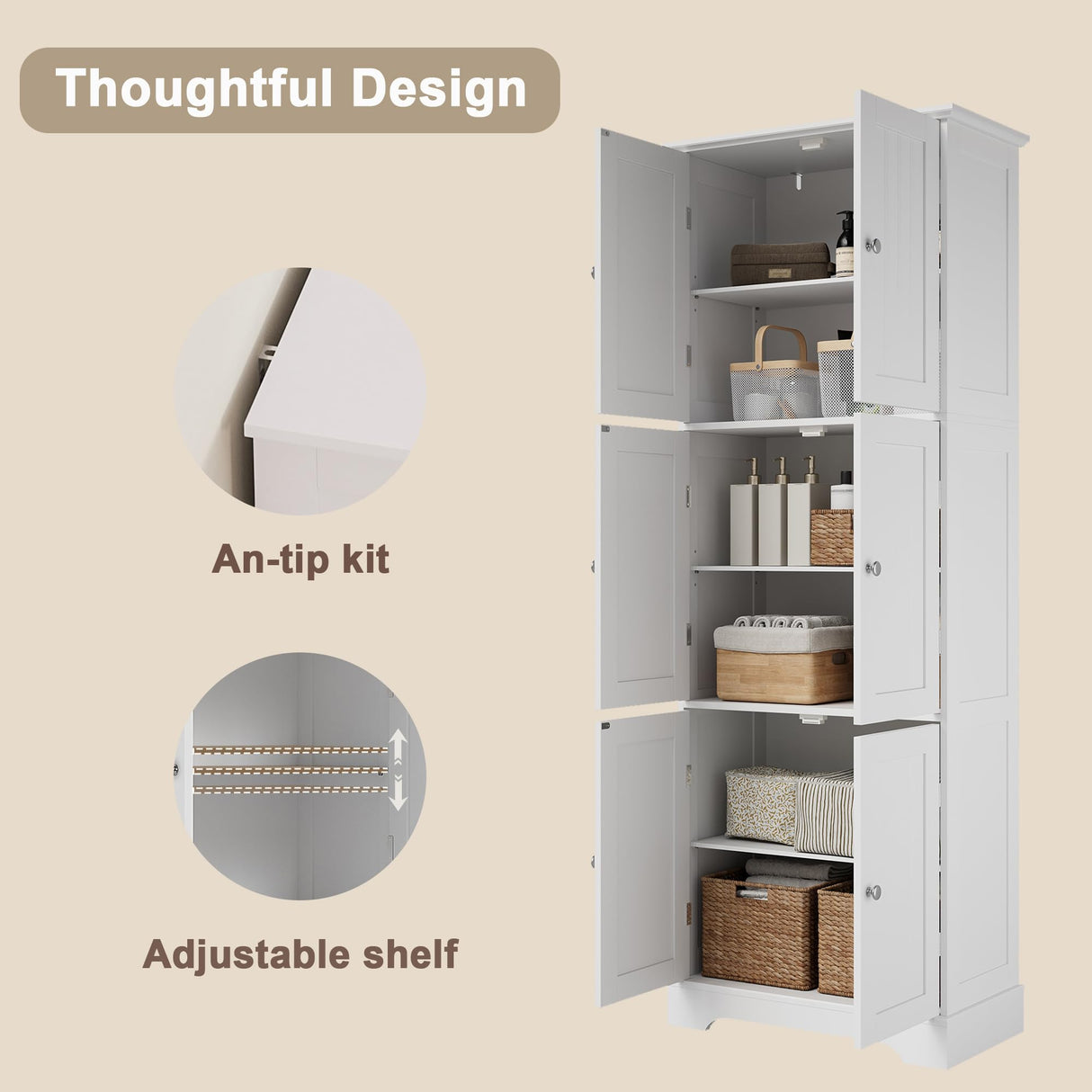 ChooChoo Tall Bathroom Storage Cabinet with 6 Doors, Freestanding Floor Cabinet with Adjustable Shelves, White Pantry Cabinet for Bathroom, Kitchen, Laundry Room ChooChoo