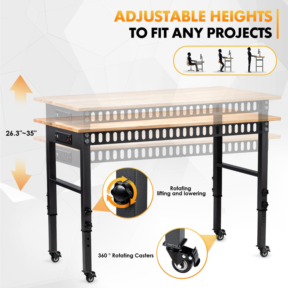 GVGBUK 48" Height Adjustable Workbench, 2000 LBS Load Capacity Rubber Wood Top Workstation, Heavy-Duty Hardwood Worktable for Garage Workshop (with Wheels and socket,48'') GVGBUK