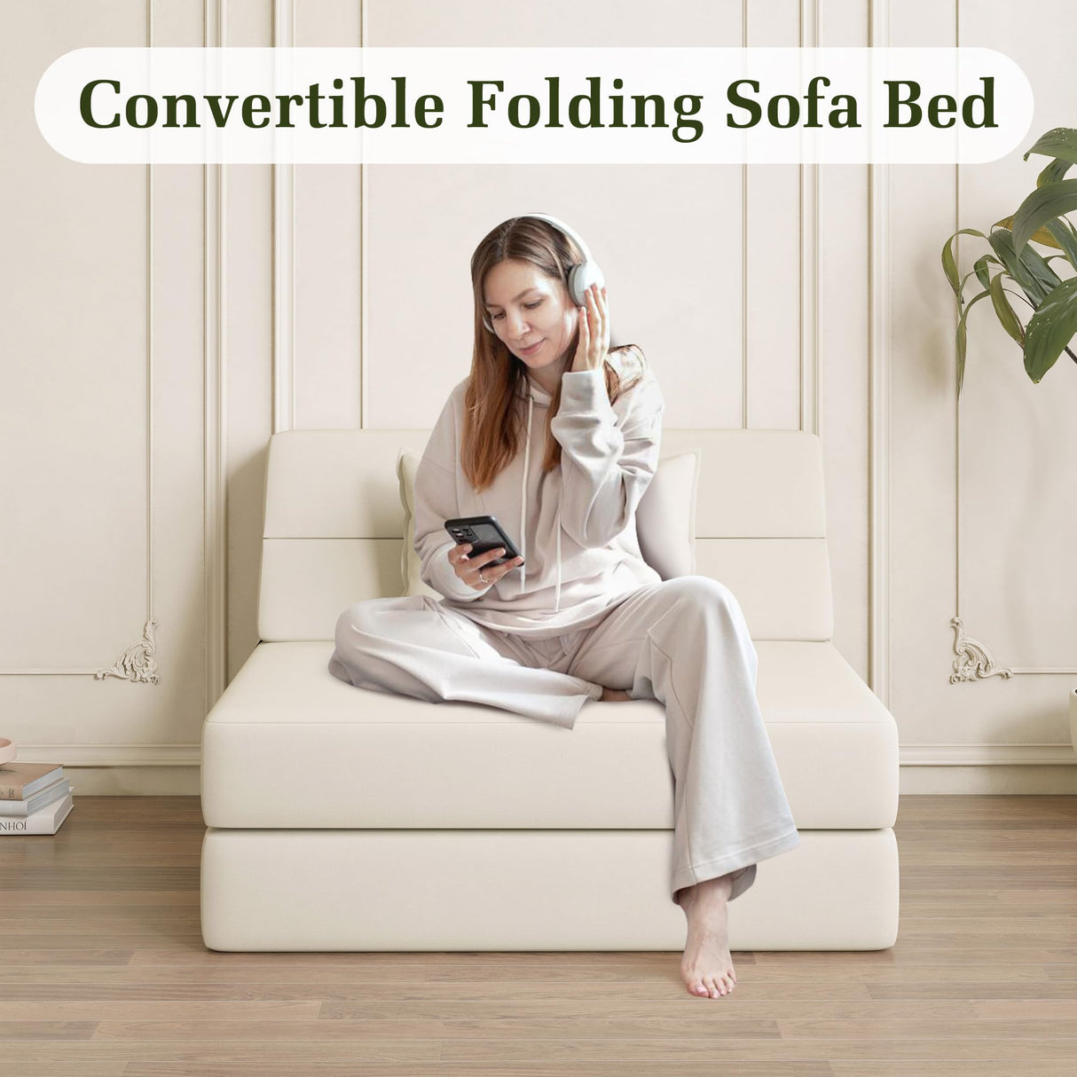 Luoxiao Folding Sofa Bed Convertible Sleeper Chair with Pillow Fold Out Couch Memory Foam Floor Mattress Portable Futon Sofa Bed Lazy Sofa for Living Room/Dorm/Guest Room/Home Office, Twin, Off White Luoxiao