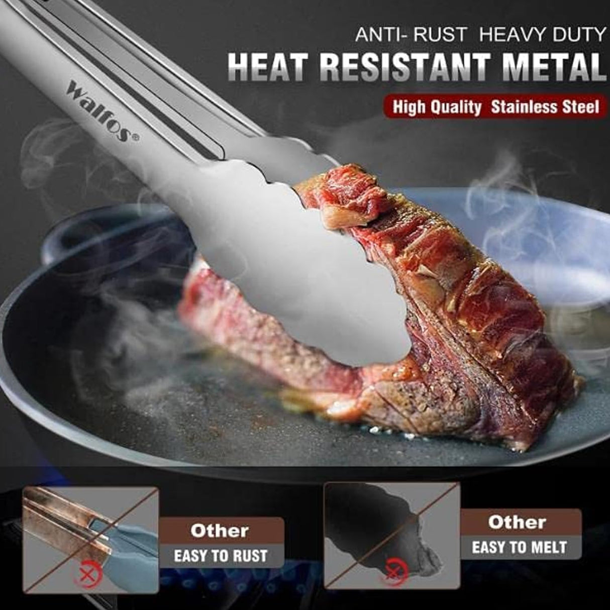 Walfos Kitchen Tongs for Cooking, 600℉ Heat Resistant Stainless Steel Tongs, All Metal Heavy Duty Tongs For Food,BBQ Grilling - 7 ，9 and 12 Inch,Set of 3 Walfos