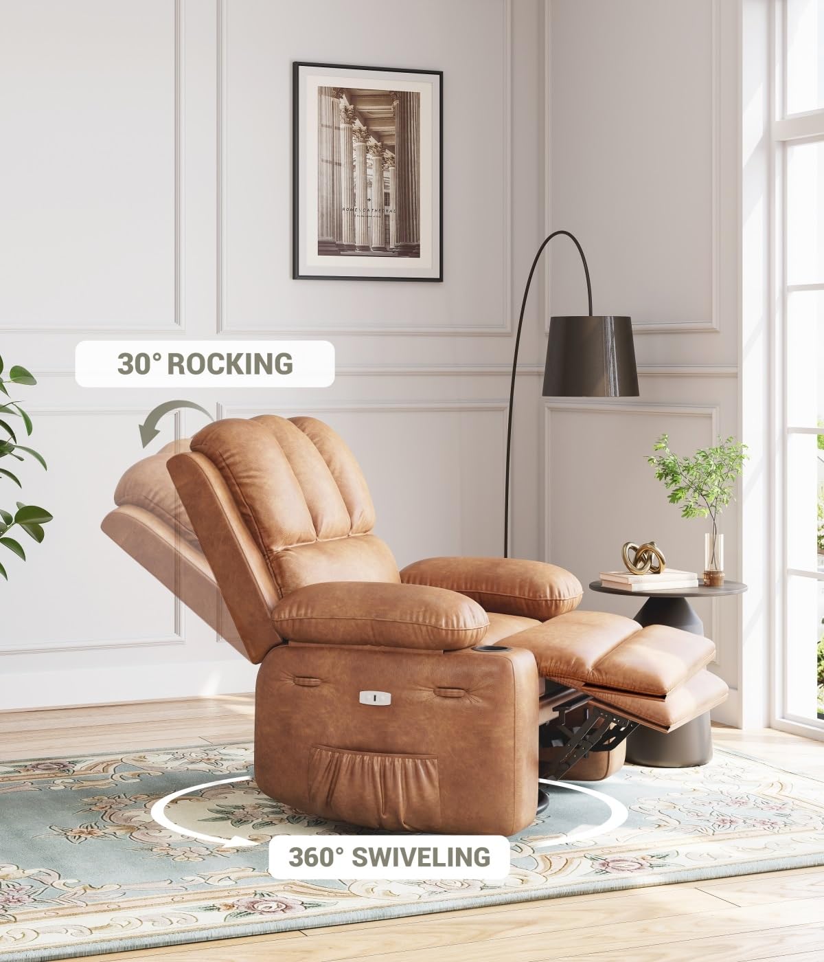 Oversized 27" Power Recliner Chair with Heat and Massage - 360° Swivel Faux Leather Rocking Chair for Adults with Cup Holder for Living Rooms, Bedrooms, and Nurseries - Brown GarveeHome