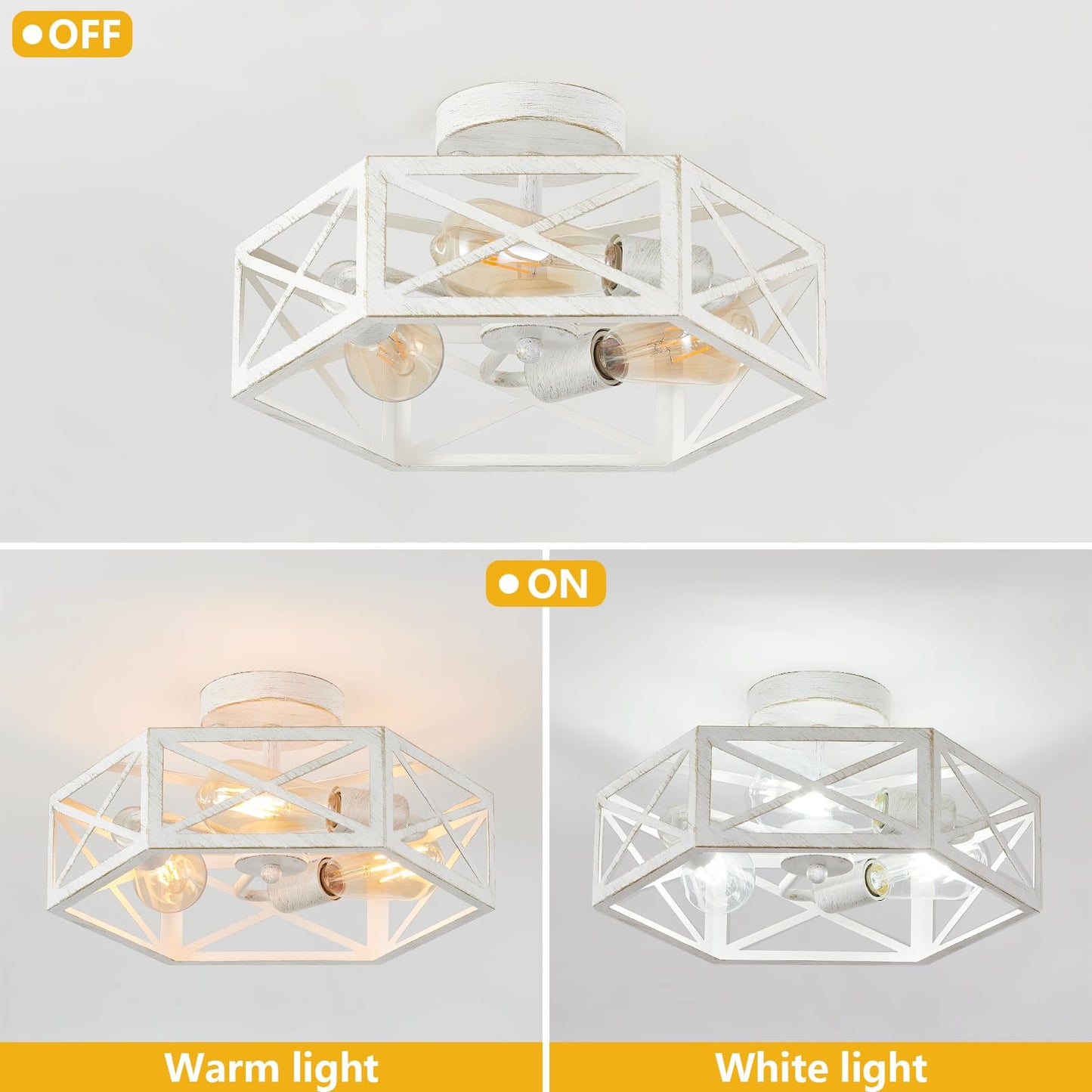 XSDeTu 3-Light Flush Mount Ceiling Light Fixture, Modern Close to Ceiling Light with White Metal Hexagon Cage, Farmhouse Ceiling Light for Bedroom, Hallway, Entry, Foyer, Kitchen