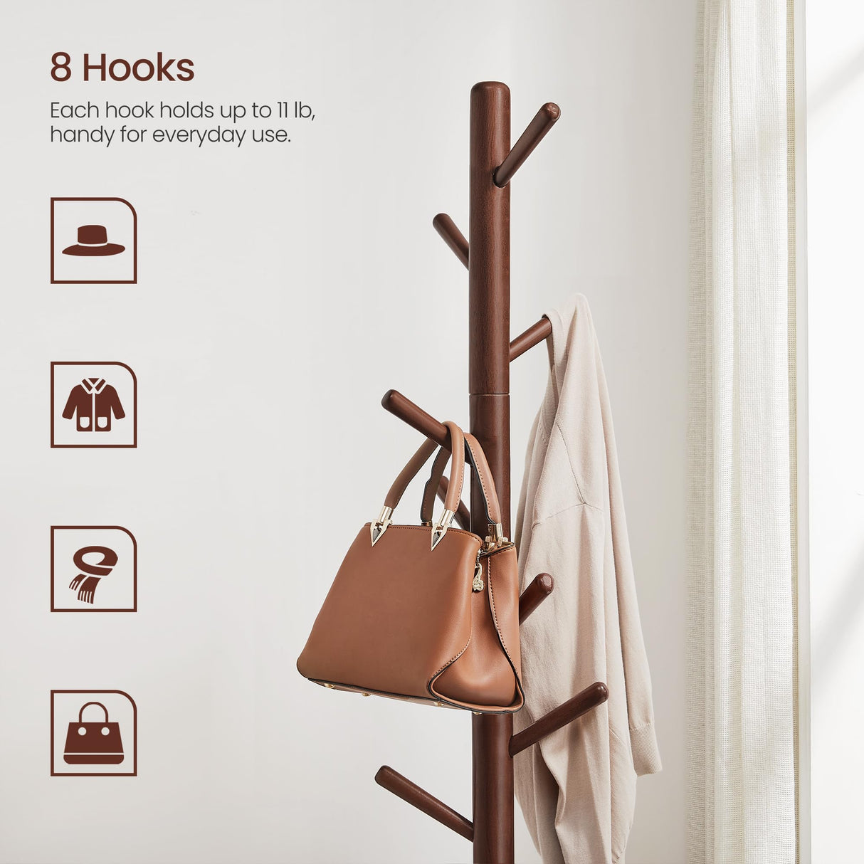 VASAGLE Solid Wood Coat Rack, Free Standing Coat Rack, Tree-Shaped Coat Rack with 8 Hooks, 3 Height Options, for Clothes, Hats, Bags, for Living Room, Bedroom, Home Office, Dark Walnut URCR01WN VASAGLE