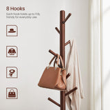 VASAGLE Solid Wood Coat Rack, Free Standing Coat Rack, Tree-Shaped Coat Rack with 8 Hooks, 3 Height Options, for Clothes, Hats, Bags, for Living Room, Bedroom, Home Office, Dark Walnut URCR01WN VASAGLE