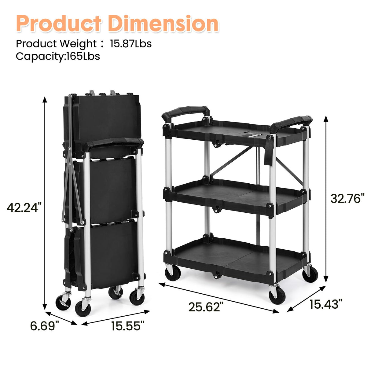 3 Tier Folding Rolling Utility Cart, Portable Collapsible Service Cart, 165 Lbs, Foldable Tool Cart with Dual Ergonomic Handles, Wheels for Warehouse, Home, Restaurant, Black EliteEdge