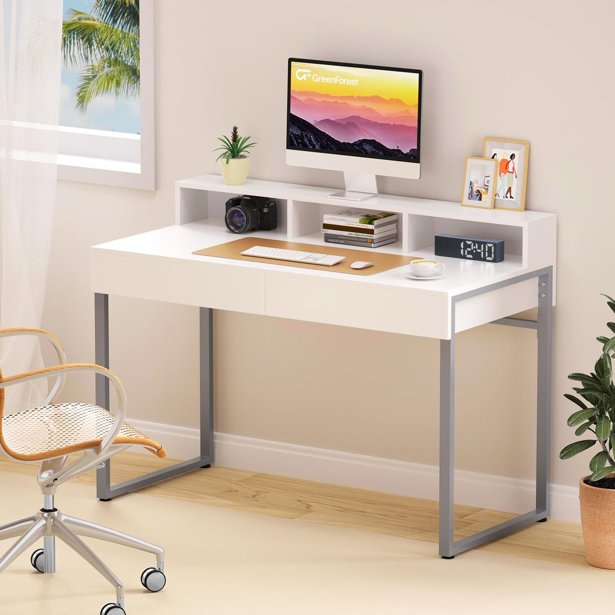 GreenForest Vanity Desk with 2 Drawers, White Makeup Desk with 3 Storage Spaces, 40 inch Small Desk with Silver Metal Legs, Modern Home Office Desk for Kids, Bedroom (No Mirror) GreenForest
