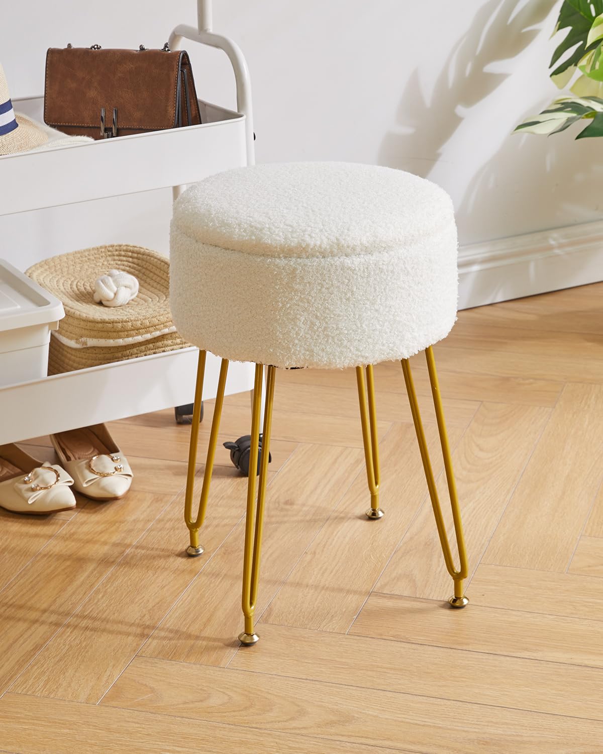 IBUYKE Teddy Velvet Storage Footrest Stool Ottoman, Makeup Vanity Stool Side Table with Removable Cover, Golden Steel Legs, Coffee Table Top Cover, White WBD010W IBUYKE