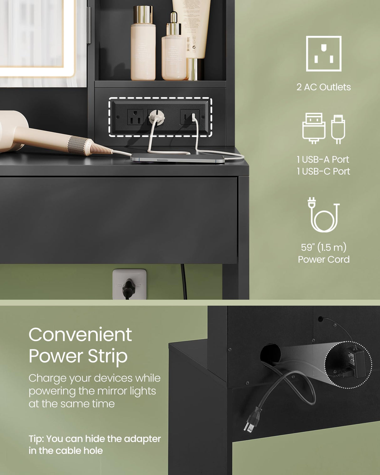 VASAGLE Vanity Desk with Power Outlets, Makeup Vanity with Mirror and Lights, Upholstered Vanity Stool, Dimmable LED Lights, 6 Compartments, 2 Drawers, for Bedroom, Ink Black URDT031B01 VASAGLE