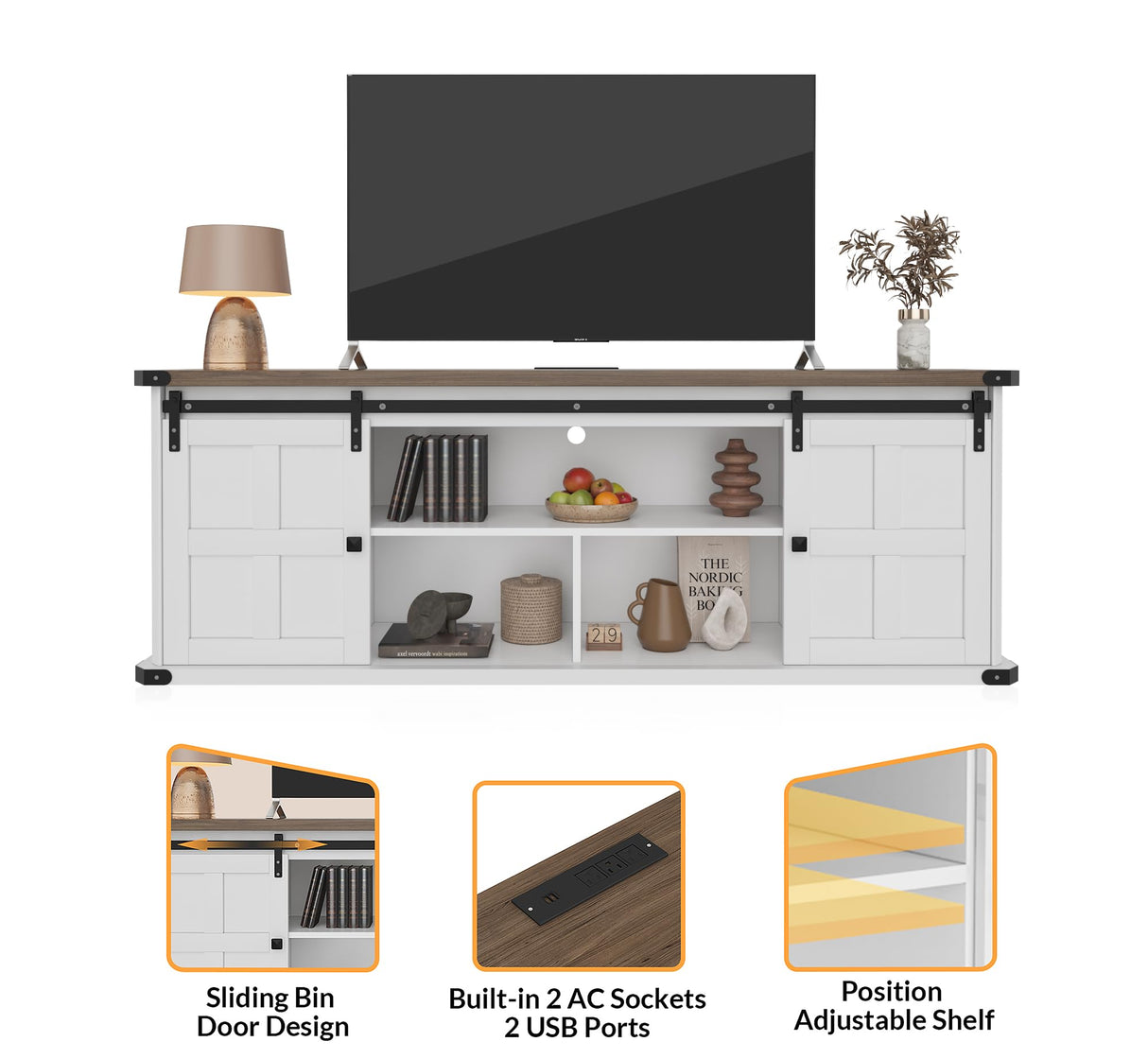 GarveeHome 70 in Farmhouse TV Stand for 75 in TVs, Modern Entertainment Center with Sliding Barn Doors, Modern Media TV Console Table, Wood Long TV Stand for Living Room GarveeHome