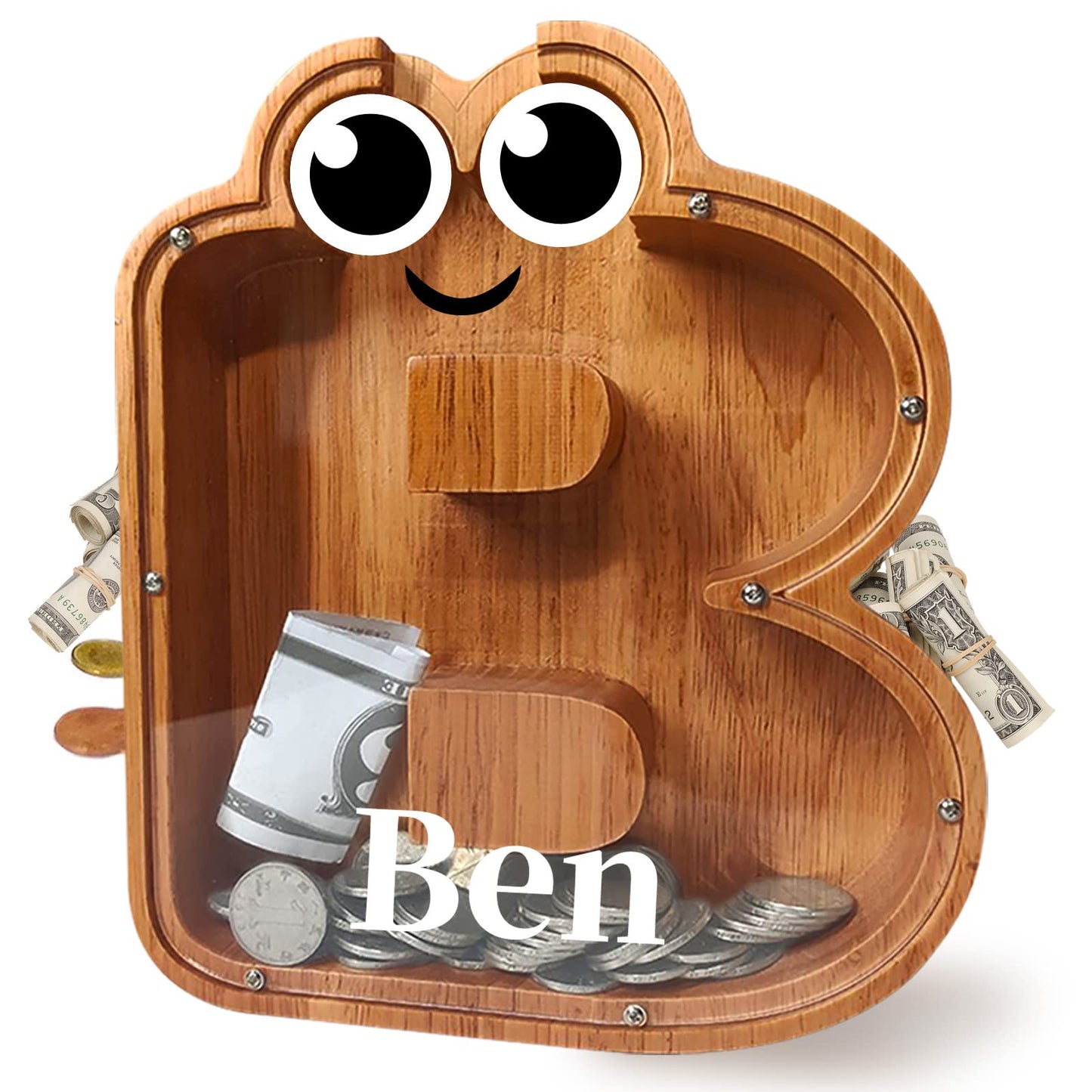 Wooden Piggy Bank, Personalized Letters Coin Bank Piggy Bank(9.1in, Laser Engraving), Money Box Wooden Piggy Bank Gift for Kids, Christmas Birthday Gift Home Decoration. (B, Non-Custom)
