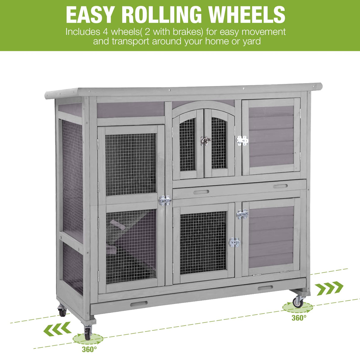 GUTINNEEN Rabbit Hutch Indoor Outdoor Bunny House Guinea Pig Cage on Wheel with Plastic Tray 47inch GUTINNEEN