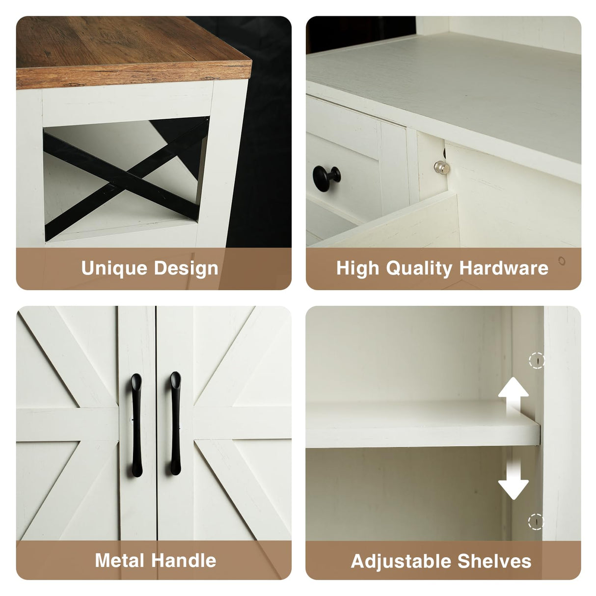 Befrases Set of 2 Farmhouse Storage Cabinet with Barn Doors and Drawers, Freestanding Kitchen Pantry, Floor Storage Cabinet Hutch Cupboard for Kitchen, Laundry, Living Room, White Befrases