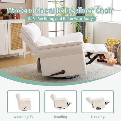Oversized Rocking Chair Nursery with Adjustable Headrest, 26" Extra Wide Glider Recliner Nursery Chair for Nursery, 360° Swivel Rocker Recliner with Overstuffed Armrest, White RUTOX