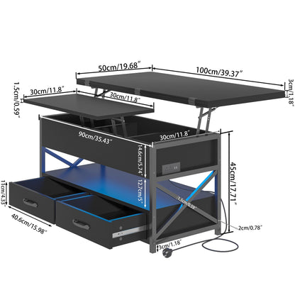 Oubayajia Lift Top Coffee Table with LED Light, Power Outlets, and Storage Shelf, Coffee Tables with 2 Storage Drawers and Hidden Compartment, coffee table for living room (black) - WoodArtSupply