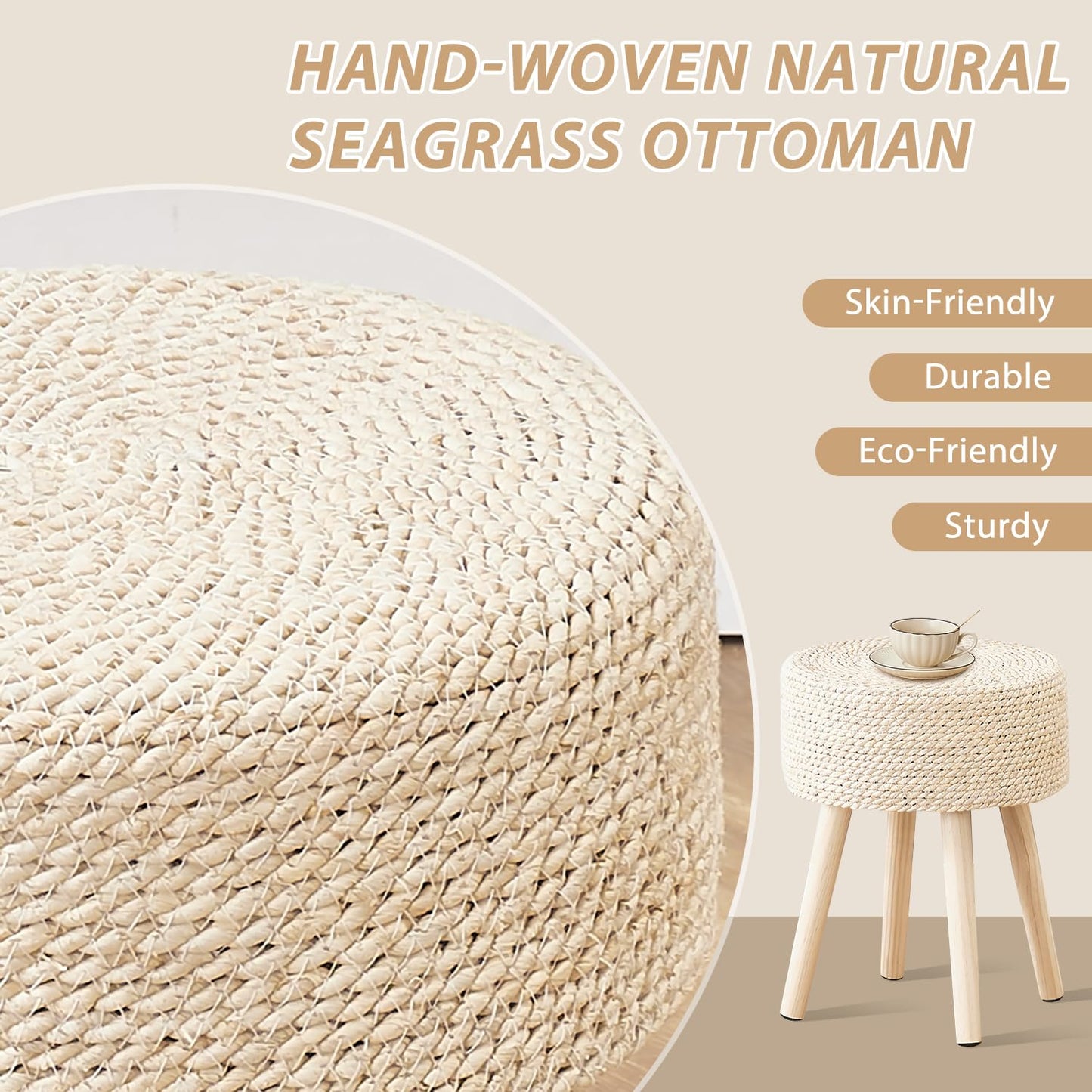 Cpintltr Footstool Ottoman Round Natural Seagrass Foot Stool Pouf Ottomans with Solid Wood Legs Hand Weave Footrest Step Stool for Living Room Bedroom Balcony Garden Natural