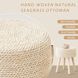 Cpintltr Footstool Ottoman Round Natural Seagrass Foot Stool Pouf Ottomans with Solid Wood Legs Hand Weave Footrest Step Stool for Living Room Bedroom Balcony Garden Natural Cpintltr