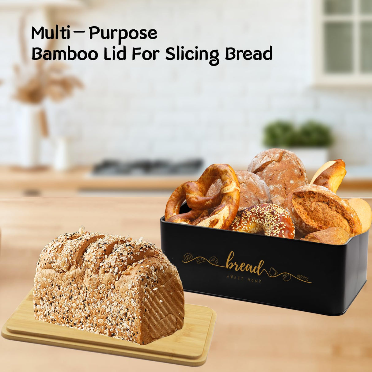 Holismo Bread Box with Bamboo Cutting Board Lid, Metal Bread Box for Kitchen Counter, Small Bread Storage Container, Black Bread bin for Kitchen Countertop Holismo