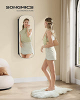 SONGMICS Jewelry Organizer, LED Jewelry Cabinet Wall or Door Mounted, Lockable Rounded Wide Mirror with Storage, Interior Mirror, 3.9 x 16.5 x 42.5 Inches, Black Surface with Black Lining SONGMICS