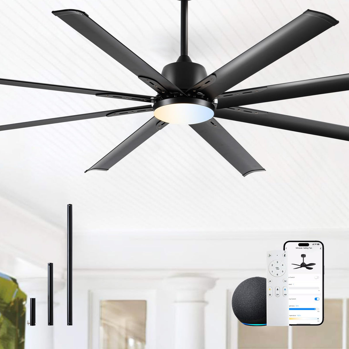 72 lnch lndustrial Smart Celing Fan with Light and Remote Control via WIFI Alexa,Large Celing Fan with 8 Black Aluminum Blades,6 Speed Noiseless DC Motor,Indoor Outdoor Ceiling Fans for Patio Garage Minislak