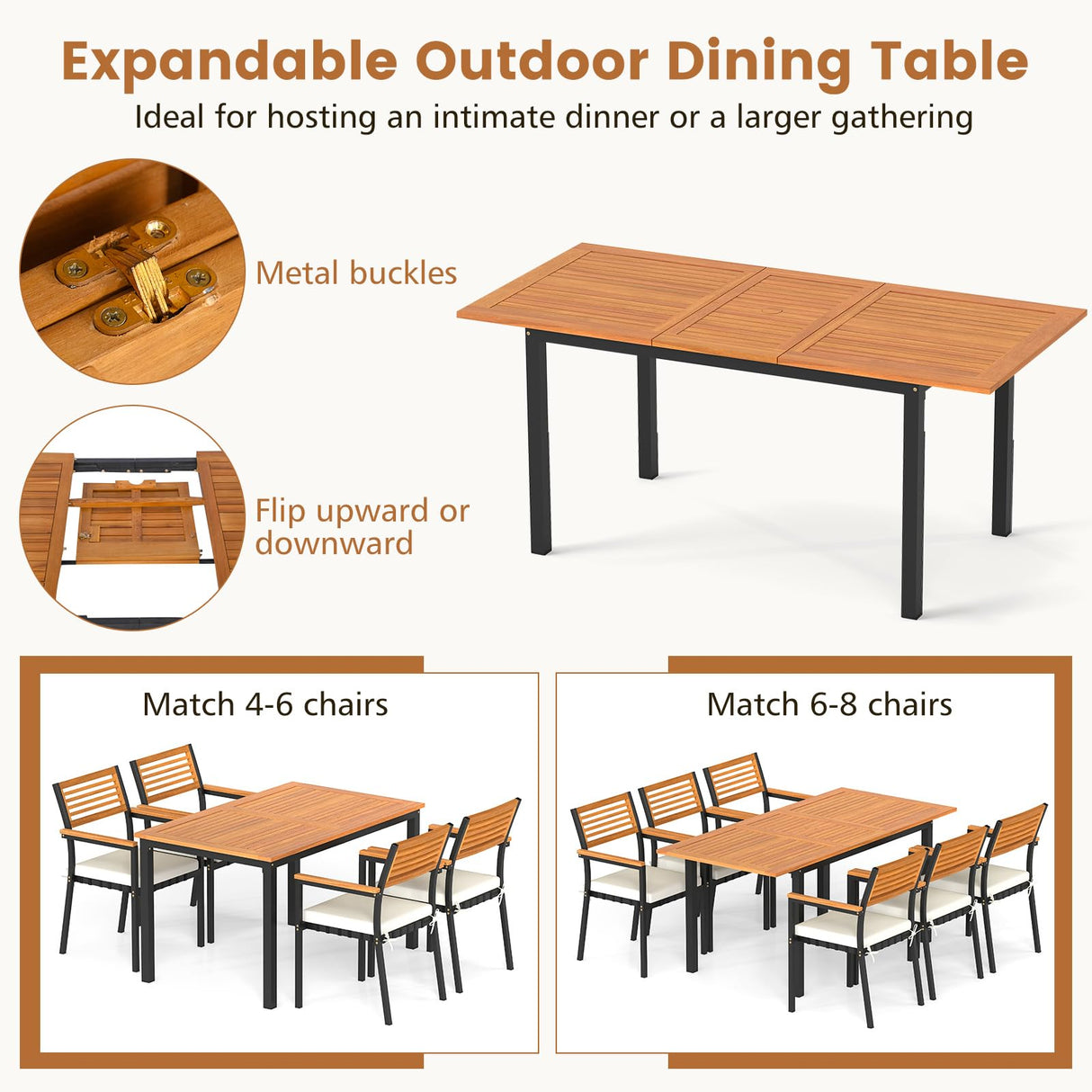 Tangkula 7-Piece Patio Dining Set, Outdoor Acacia Wood Cushioned Chairs and 51”-64” Expandable Rectangular Table Set, with Umbrella Hole, 6 Stackable Armchairs, for Poolside Garden (Off White) Tangkula