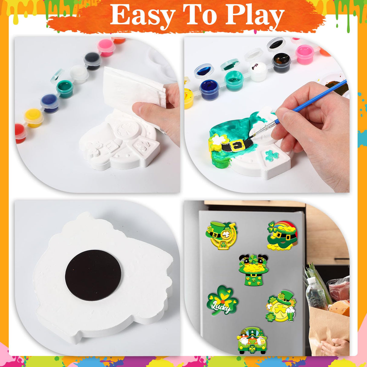 Arrowbash 12 Sets St. Patrick's Day Plaster Painting Kit Ceramics to Paint Green Shamrock Fridge Magnets DIY Irish Theme Plaster Statue Crafts Unpainted Ceramic Figurines Refrigerator Magnets Arrowbash