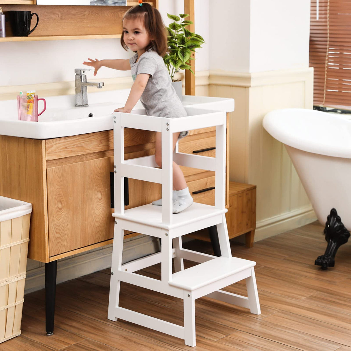 Kids Kitchen Step Stool with Safety Rail,Wooden Toddler Standing Tower for Kitchen Counter, Kids Montessori Stool, Solid Wood Construction,White Wiifo