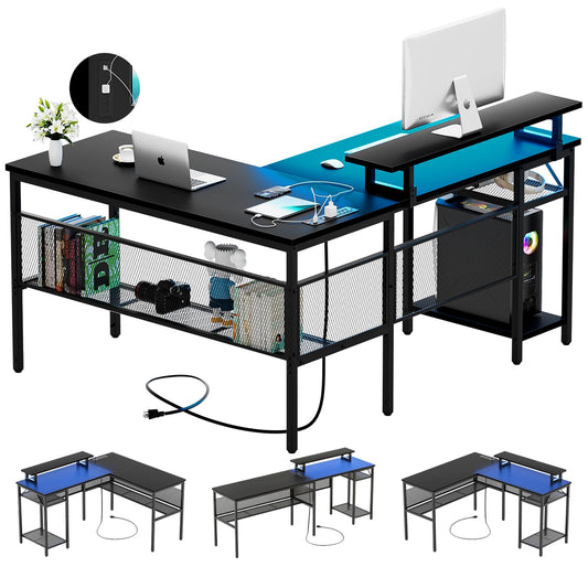 iSunirm 55 Inch Reversible L Shaped Computer Desk with Ergonomic Monitor Stand, Smart LED Lights & Power Outlet, Black - WoodArtSupply