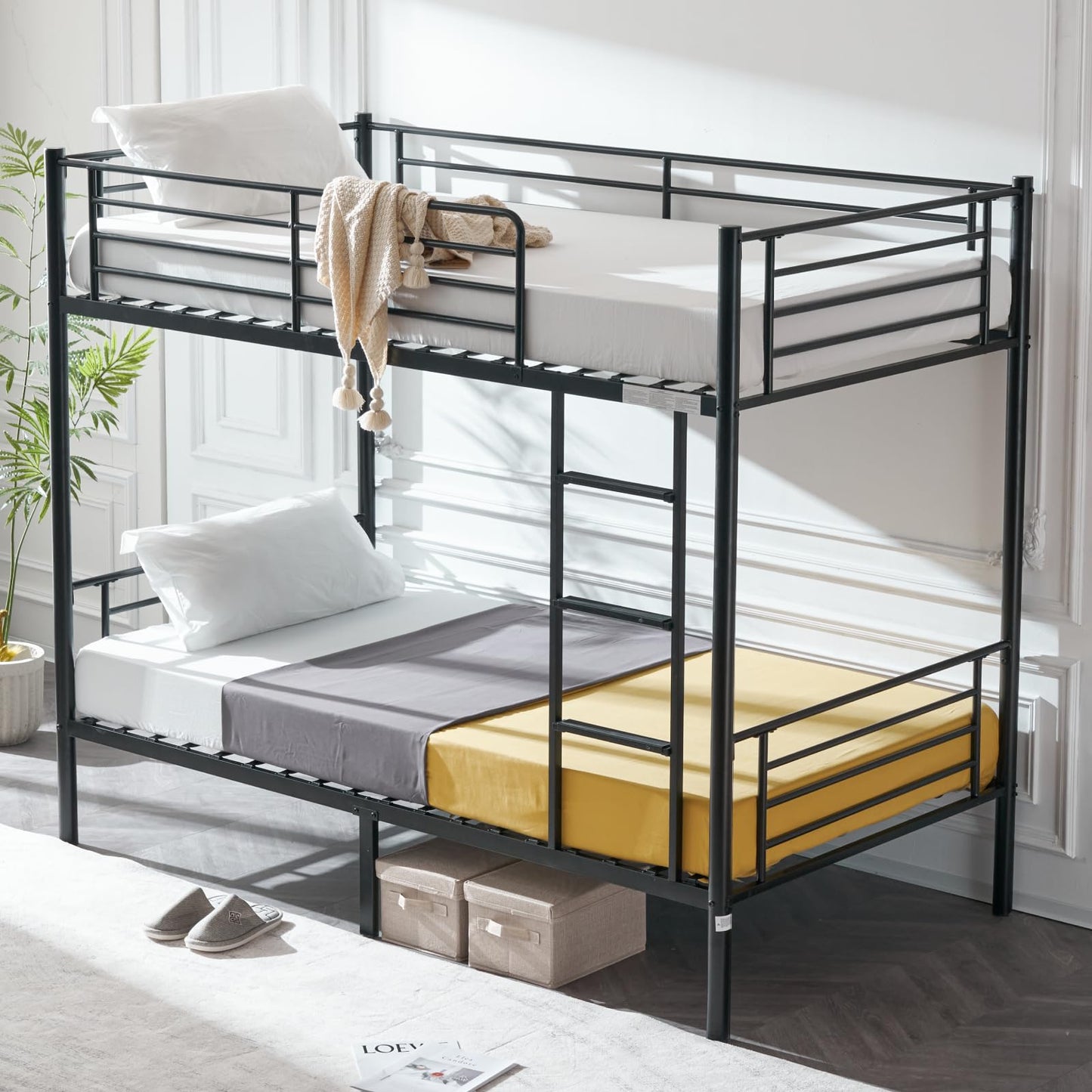 VINGLI Bunk Bed Twin Over Twin for Kids, Teens & Adults Bunk Bed with Stairs & Flat Rungs, Heavy Duty Metal Slats, No Box Spring Needed, Black