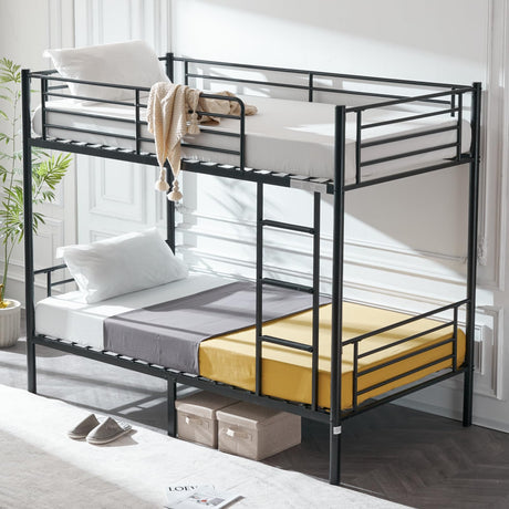 VINGLI Bunk Bed Twin Over Twin for Kids, Teens & Adults Bunk Bed with Stairs & Flat Rungs, Heavy Duty Metal Slats, No Box Spring Needed, Black VINGLI