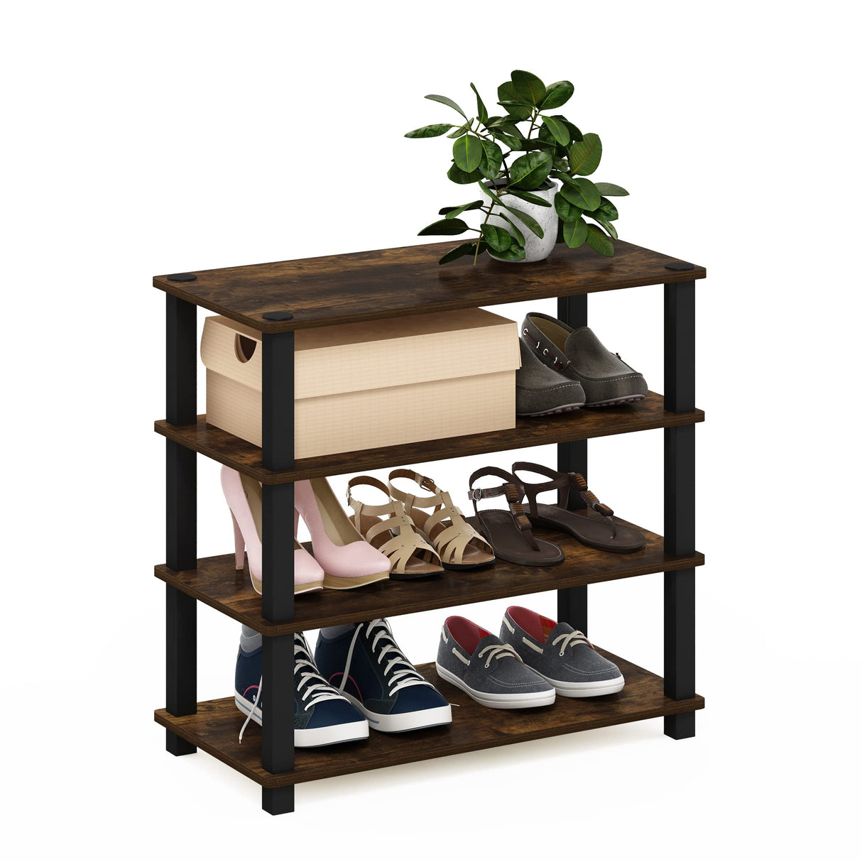 Furinno Turn-S-Tube 4-Tier Shoe Rack, Amber Pine/Black Furinno