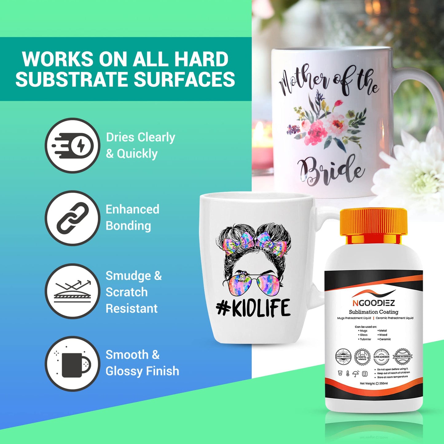 NGOODIEZ Sublimation Coating Bundle - 100ml Sublimation Coating Spray + 250ml Sublimation Coating for Mugs and Hard Surfaces, High Gloss Finish, Quick Dry Formula, Super Adhesive