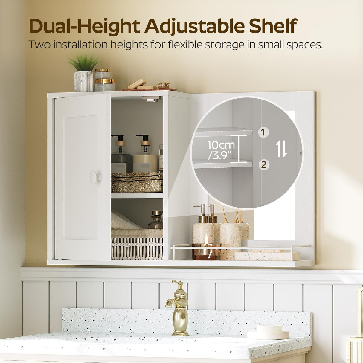 YATINEY Bathroom Medicine Cabinet with Mirror, Wall Mounted Home Storage, Medicine Cabinet Mirror, Bathroom Wall Cabinet, Adjustable Shelf, for Laundry Room, Bedroom, Camper, Hallway, White YATINEY