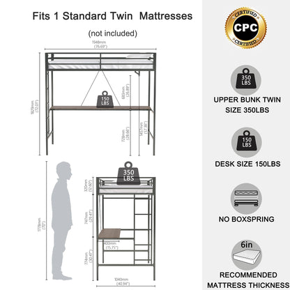 Twin Size Loft Bed with Desk and Closet Rod for Kids,Heavy Duty Loft Bed Frame with Safety Guardrail, Loft Metal Bunk Bed Twin Size, Space-Saving, Noise Free,Black