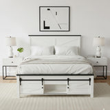 ACCOHOHO Farmhouse Full Size Bed Frame with Barn Door Storage, Platform Bed Frame with Headboard, Rustic Bed, Solid Wood Slats Support/Noiseless/No Box Spring Needed (White) ACCOHOHO