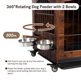 Snowtaros Dog Crate Furniture, Wooden Dog Kennel with 360° Rotatable Bowls, Heavy Duty Dog Crate with Double Doors, Dog Cage End Table Indoor with Removable Tray Swiveling Wheels for Small Medium Dogs Snowtaros