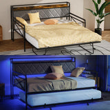 VINGLI Full Daybed with Trundle Bed, Upholstered Day Bed with LED Light & Charing Station, Sofa Bed Frame with Storage Headboard and Heavy Duty Metal Slats, for Living Room, Bedroom, Guest Room, Gray VINGLI