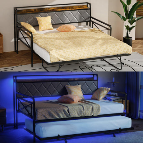 VINGLI Full Daybed with Trundle Bed, Upholstered Day Bed with LED Light & Charing Station, Sofa Bed Frame with Storage Headboard and Heavy Duty Metal Slats, for Living Room, Bedroom, Guest Room, Gray VINGLI