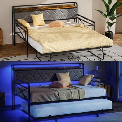 VINGLI Full Daybed with Trundle Bed, Upholstered Day Bed with LED Light & Charing Station, Sofa Bed Frame with Storage Headboard and Heavy Duty Metal Slats, for Living Room, Bedroom, Guest Room, Gray