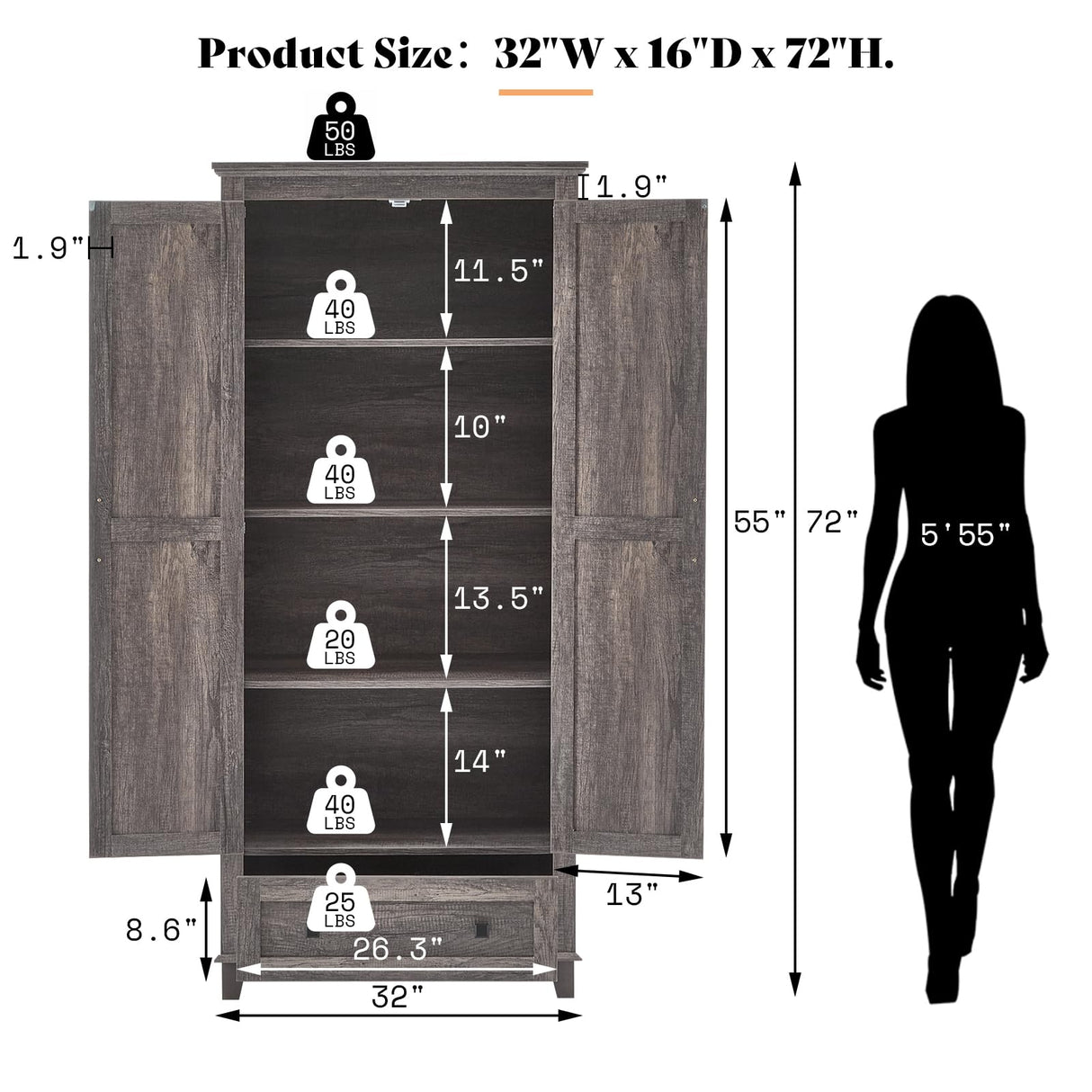 AMERLIFE 72" Tall Kitchen Pantry Storage Cabinet, Farmhouse Food Pantry Cabinet for Kitchen, Living Room, Dining Room, Adjustable Shelves and Drawer, Rustic Grey AMERLIFE