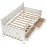 Twin Size Farmhouse Wood Daybed with 2 Storage Drawers, X-Shaped Sturdy Modern and Rustic Casual Style Corner Bed Day Bed Frame with Drawers for Bedroom, No Box Spring Required (Cream White+Twin) THINK 30