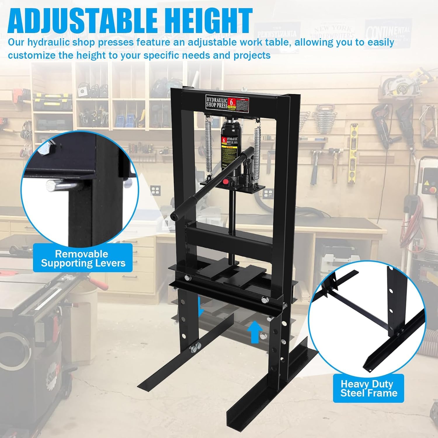 SPOWAY 6 Ton Hydraulic Shop Press, H-Frame Floor Mount Hydraulic Press with Press Plates Adjustable Working Table Height, 6 Ton Shop Press for Car Repair and Garage, Black - WoodArtSupply