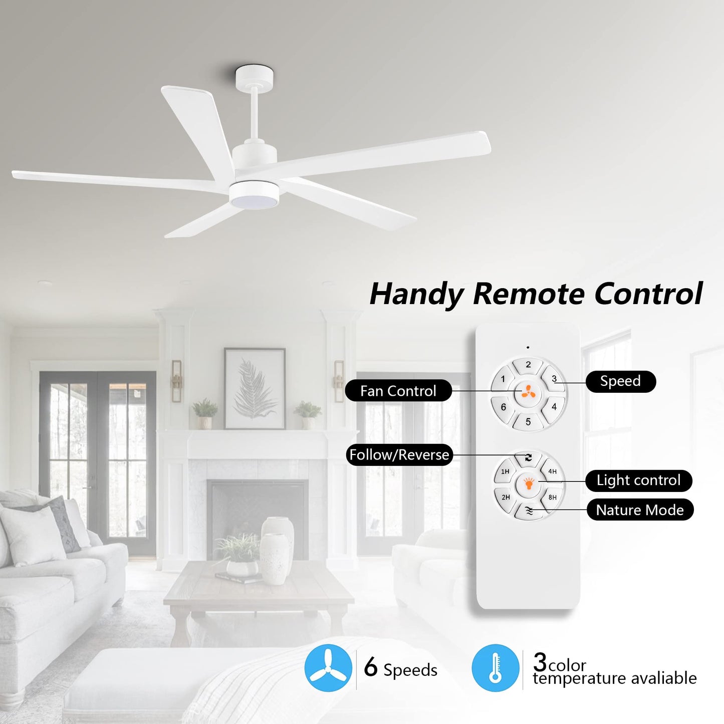 WINGBO 64" DC Ceiling Fan with Lights and Remote Control, 5 Carved Wood Blades, 6-Speed Reversible DC Motor, Modern Ceiling Fan for Bedroom Living Room Kitchen, ETL Listed