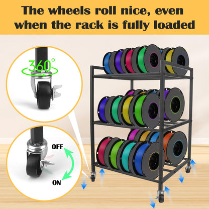 3D Printer Filament Storage Rack, 360°Rolling Filament Spool Holders Racks with Wheels, Heavy Duty Metal Shelf for PLA/ABS/TPU,Filaments Organzied for 3D Printing