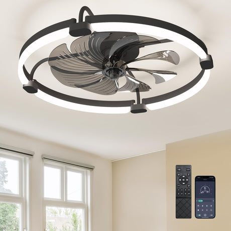 Ensenior 24'' Low Profile Ceiling Fans with Lights and Remote, Fandelier Ceiling Fan Flush Mount, APP Control, 6 Speed & 3000K-6500K Stepless Dimmable Small Ceiling Fan with Light for Bedroom - Black Ensenior