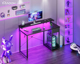 AODK Gaming Desk with LED Lights & Power Outlet, 40 Inch Computer Desk with Drawer, Reversible Desk with Adjustable Monitor Shelf & Headphone Hook for Home Office, Black AODK