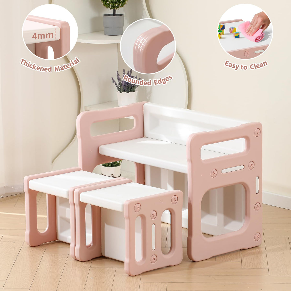 Hulaibit Kids Table and 2 Chairs Set, Montessori Weaning Table and Chairs for Toddlers Age 1-6, Plastic Activity Table for Reading/Eating/Playing, Gift for Boys & Girls, Pink Hulaibit