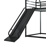 NKISHECK Twin Over Twin Bunk Bed with Slide, Junior House Low Bunk Bed Metal Bunkbeds with Ladder and Full-Length Guardrail for Girl, Boy, Floor Bunk Bed, No Box Spring Needed (Black) NKISHECK
