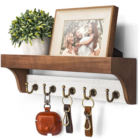 Rebee Vision Key Holder for Wall with Shelf - Farmhouse 2-Color Key Rack with 5 Retro Keys Hooks and Primitive Wood Mail Organizer Wall Mount - Decorative Rustic Home Decor (Brown & White) Rebee Vision