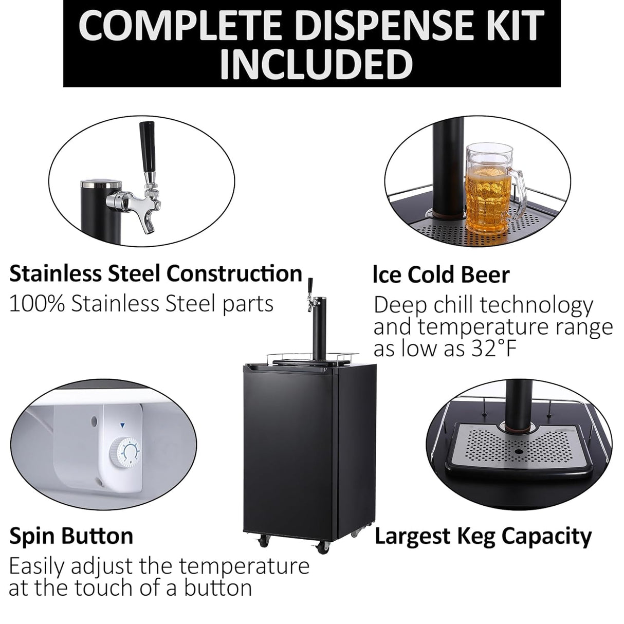 TROPOW Kegerator and Keg Beer Cooler, Single Faucet Draft Beer Dispenser, Full Size Keg Refrigerator With Shelves, Stainless Steel, Drip Tray & Rail, Black TROPOW